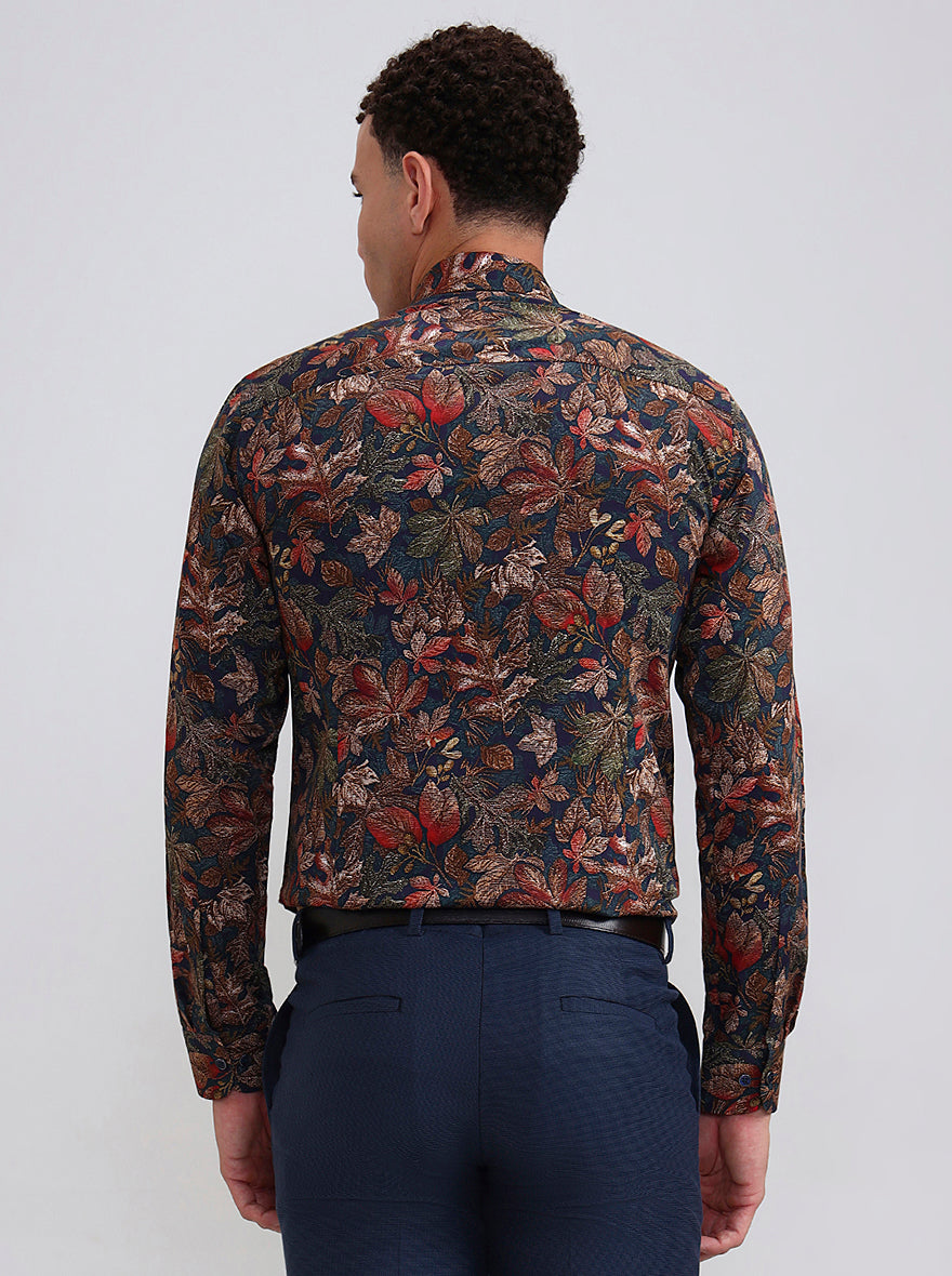 Blue & Beige Printed Slim Fit Party Wear Shirt | Wyre