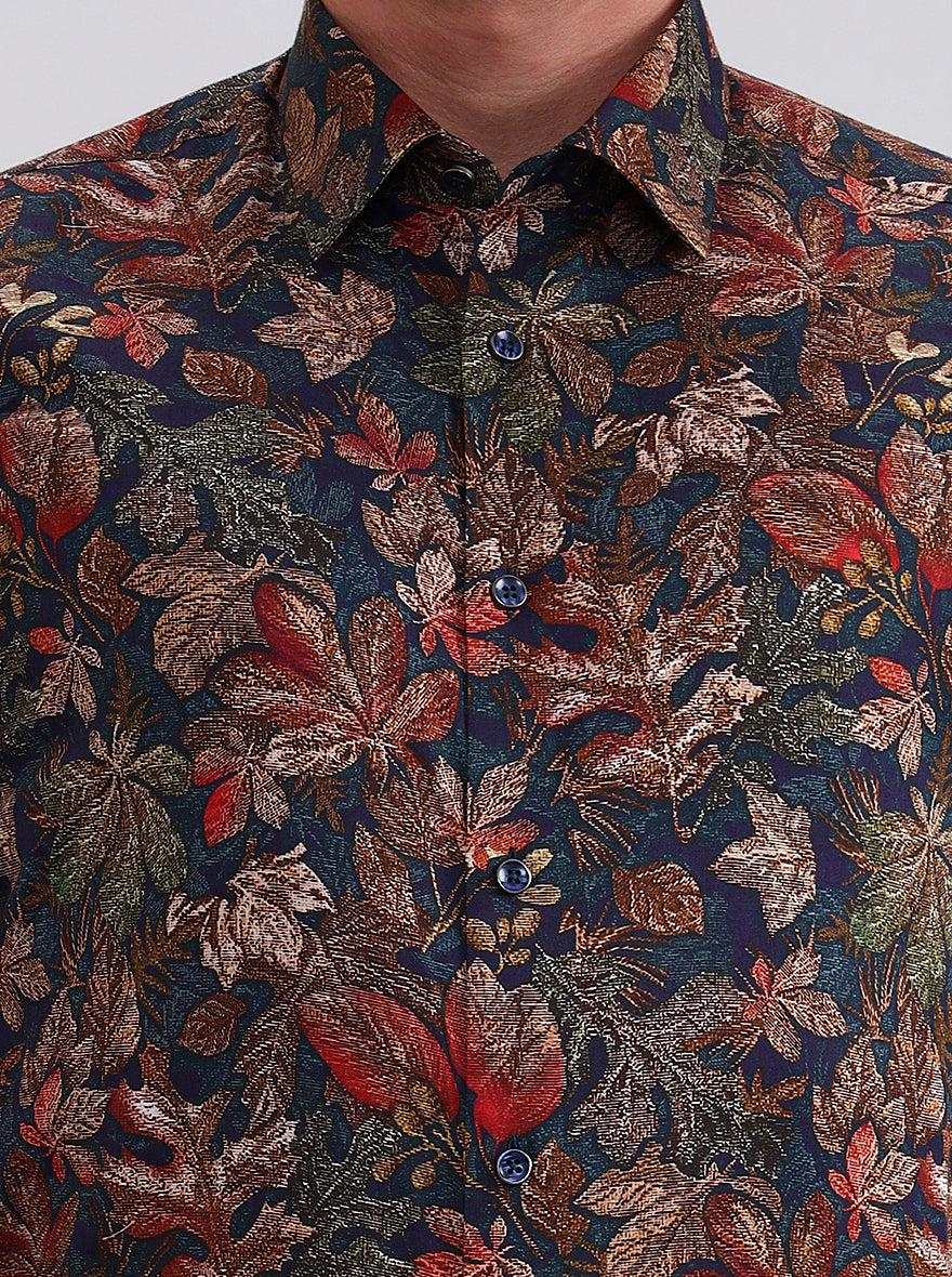 Blue & Beige Printed Slim Fit Party Wear Shirt | Wyre