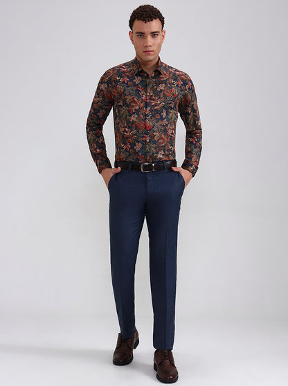 Blue & Beige Printed Slim Fit Party Wear Shirt | Wyre