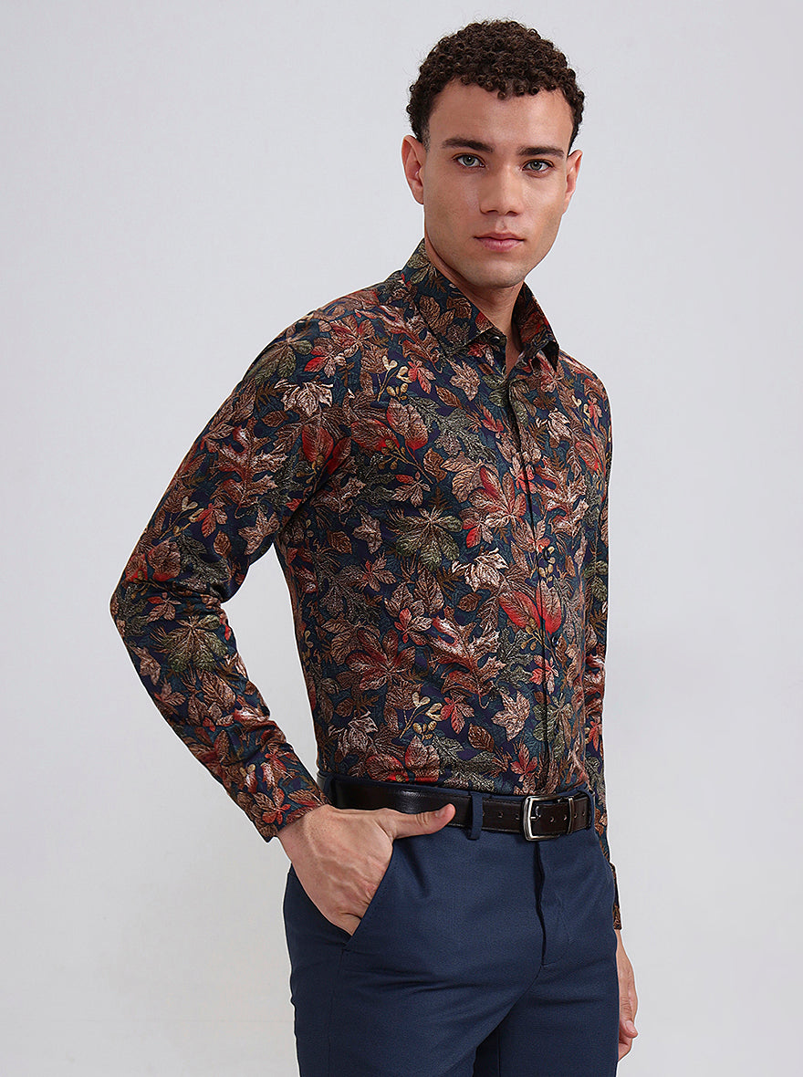 Blue & Beige Printed Slim Fit Party Wear Shirt | Wyre