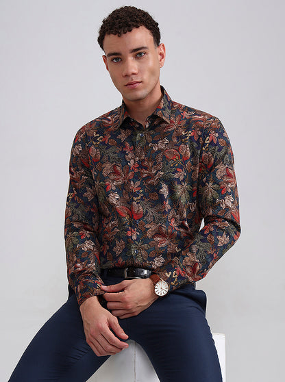Blue & Beige Printed Slim Fit Party Wear Shirt | Wyre