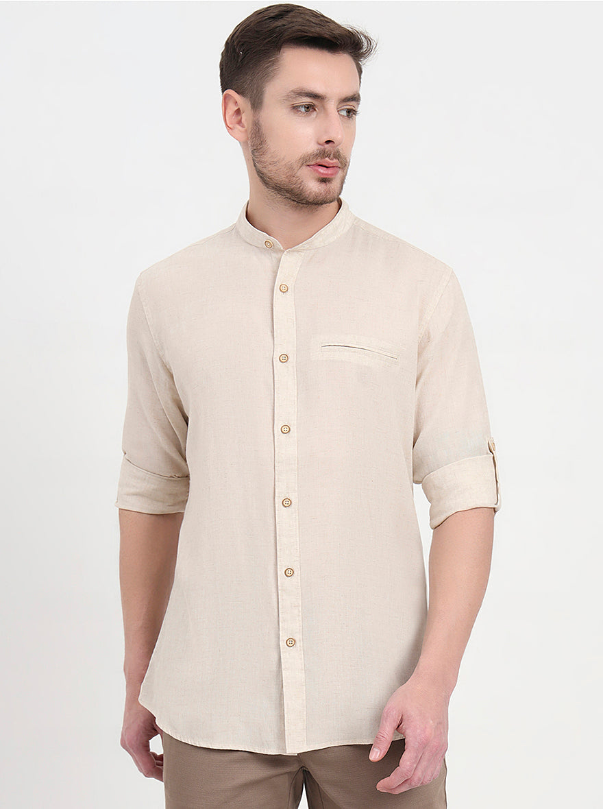Beige Solid Slim Fit Casual Shirt | JadeBlue