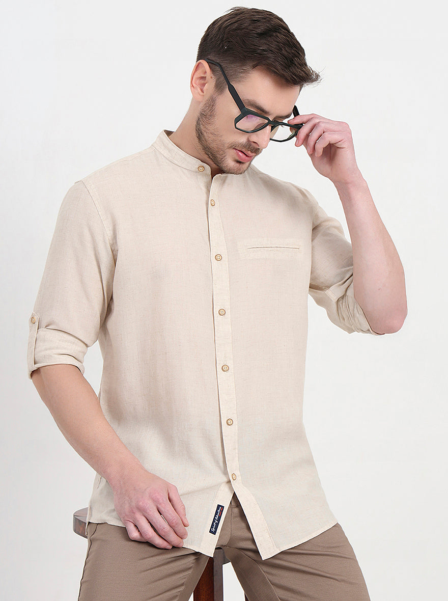Beige Solid Slim Fit Casual Shirt | JadeBlue