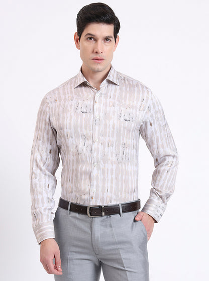Cream Printed Slim Fit Party Wear Shirt | JadeBlue Super Luxe