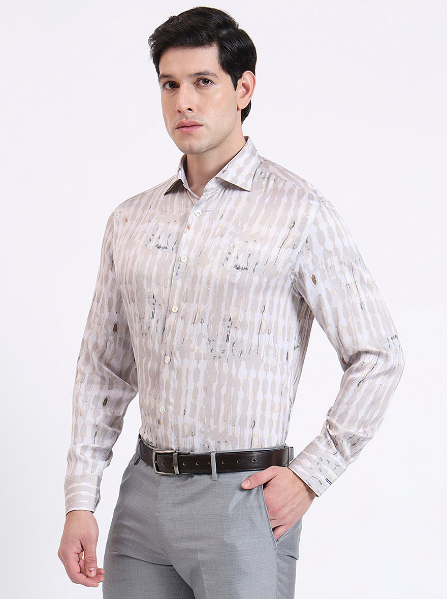 Cream Printed Slim Fit Party Wear Shirt | JadeBlue Super Luxe