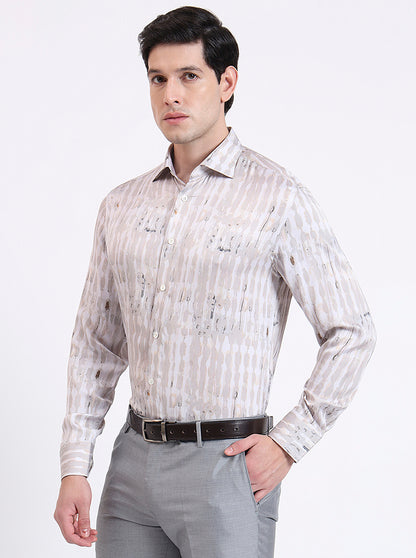 Cream Printed Slim Fit Party Wear Shirt | JadeBlue Super Luxe
