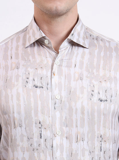 Cream Printed Slim Fit Party Wear Shirt | JadeBlue Super Luxe