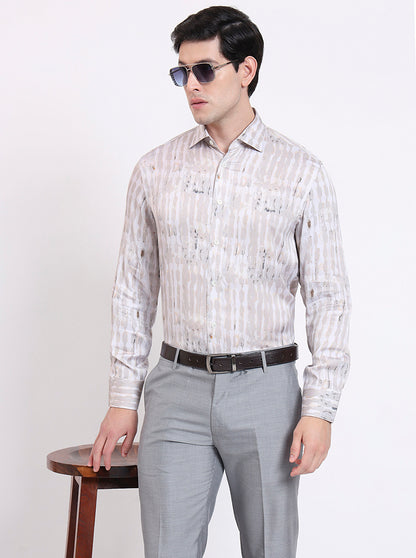 Cream Printed Slim Fit Party Wear Shirt | JadeBlue Super Luxe
