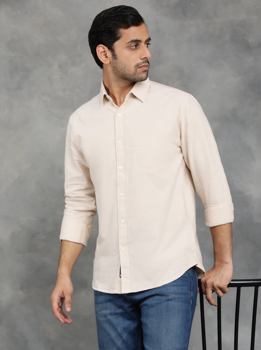 Beige Solid Slim Fit Casual Shirt | GreenFibre