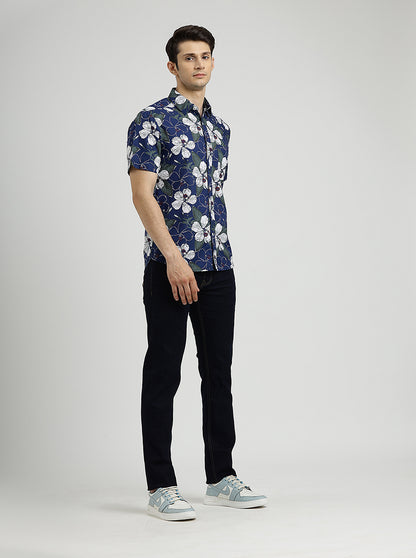 Navy Blue Printed Slim Fit Casual Shirt | Greenfibre