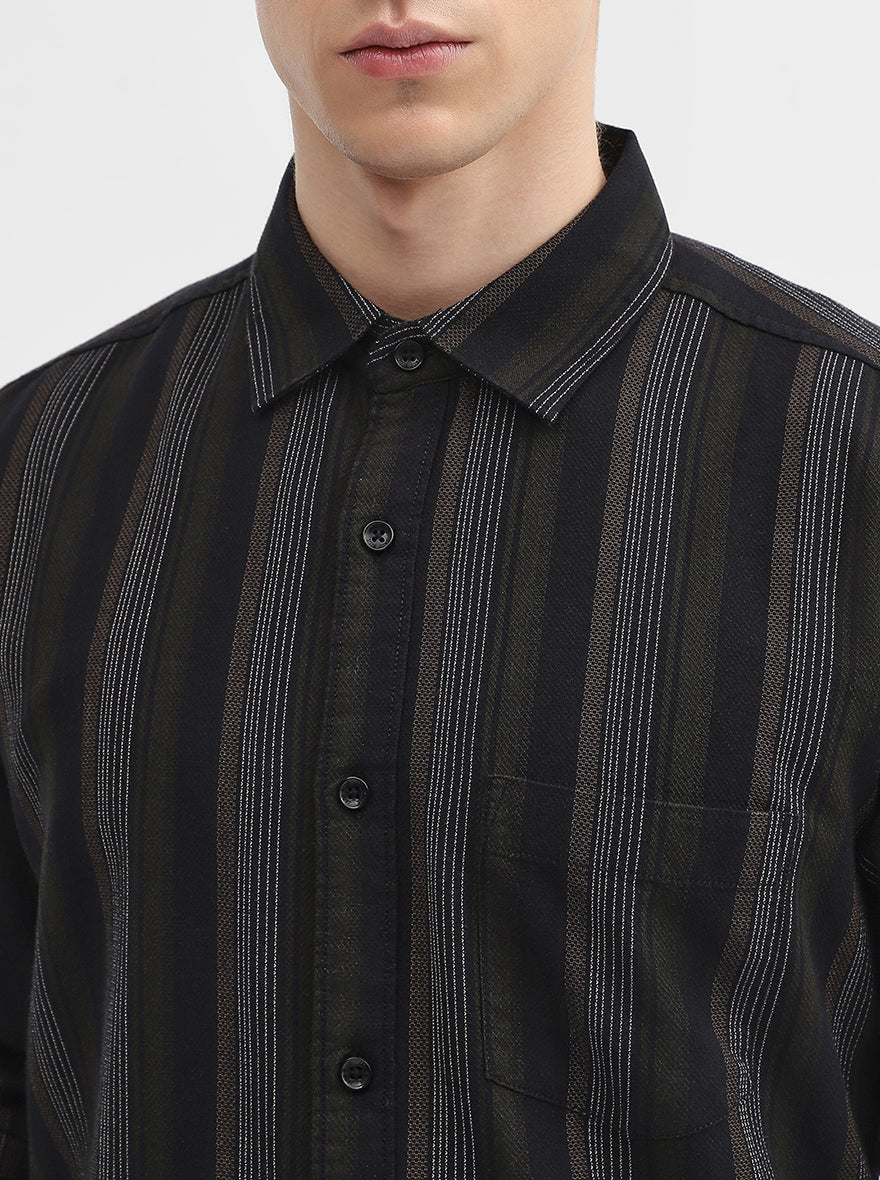 Olive Striped Slim Fit Casual Shirt | JadeBlue