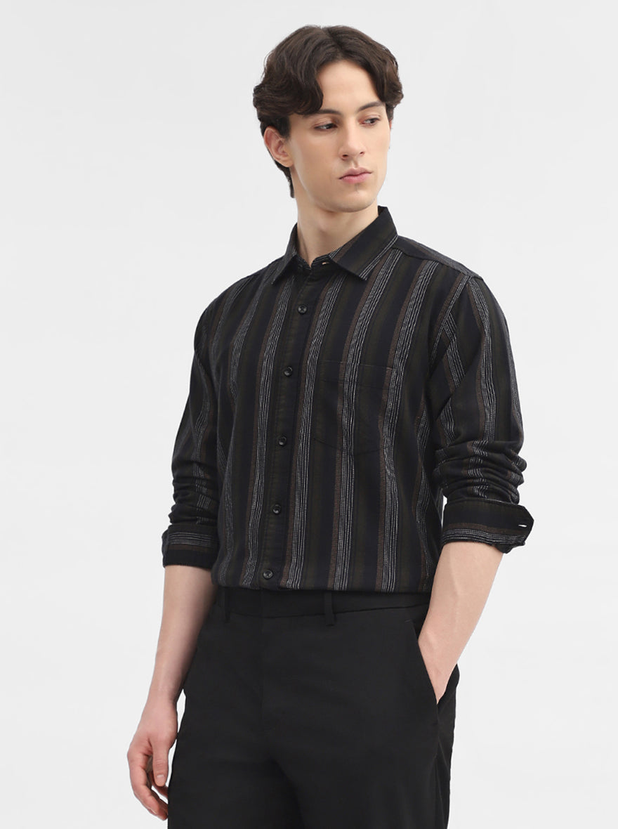 Olive Striped Slim Fit Casual Shirt | JadeBlue