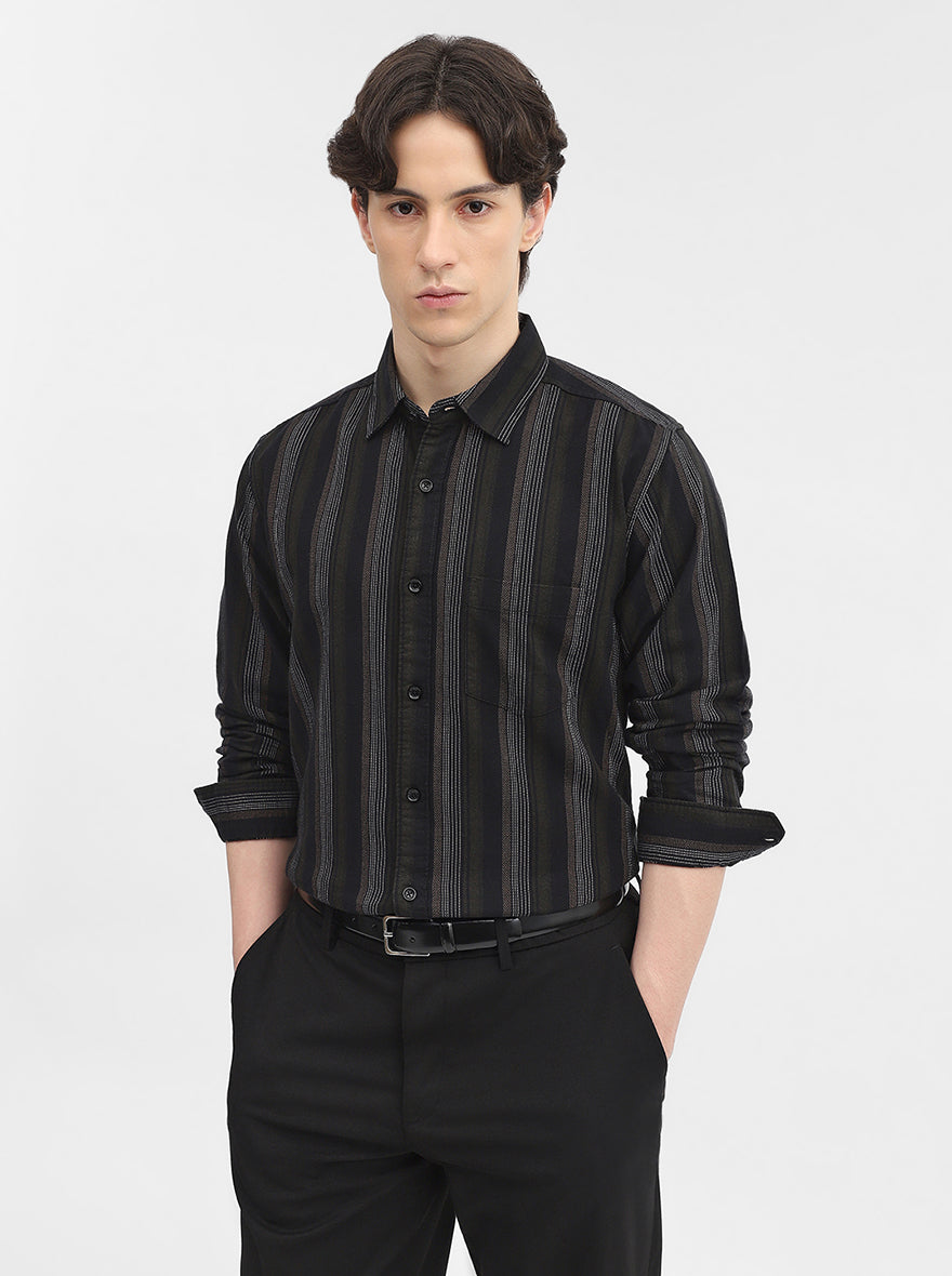 Olive Striped Slim Fit Casual Shirt | JadeBlue