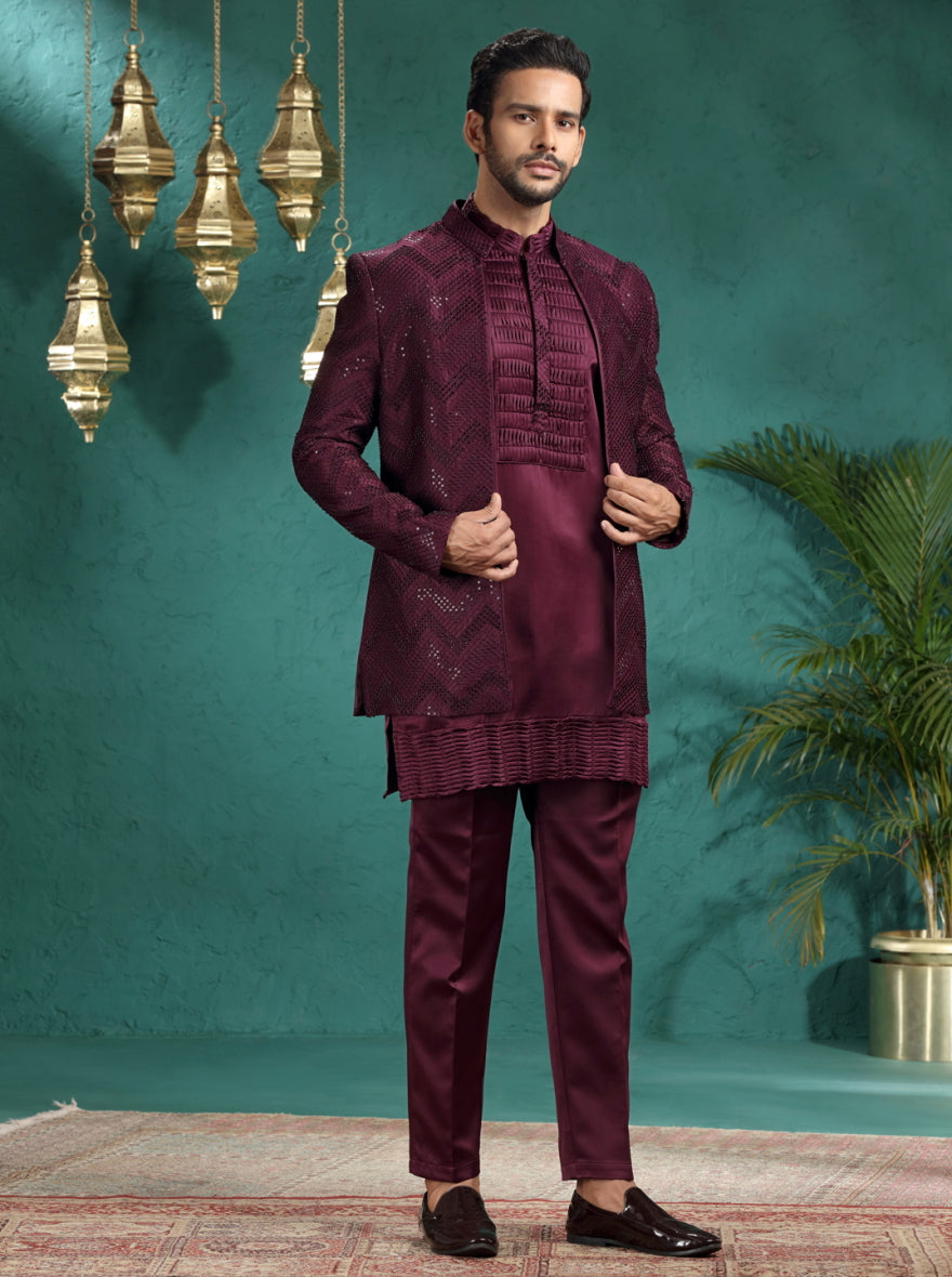 Wine Embroidered Indowestern | Azania