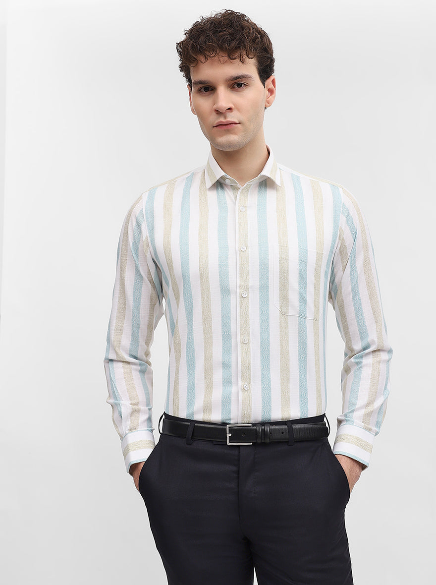 White & Green Striped Slim Fit Formal Shirt | Greenfibre