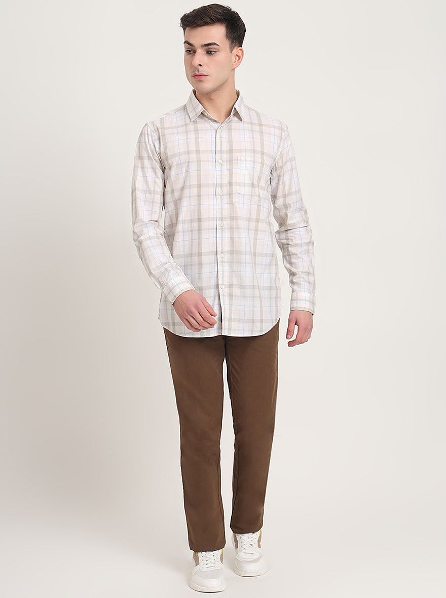 Beige Checked Slim Fit Casual Shirt | JadeBlue