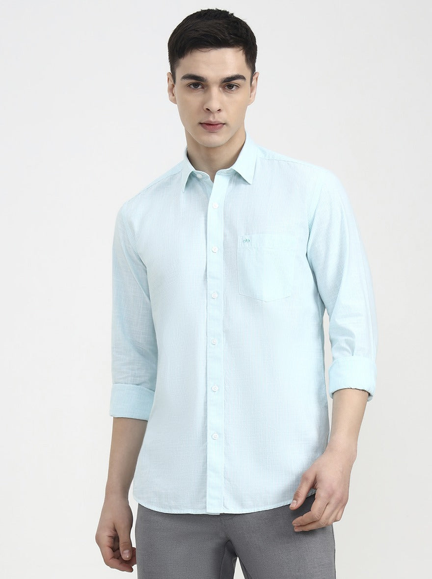 Green Striped Tailored Fit Semi Casual Shirt | JadeBlue