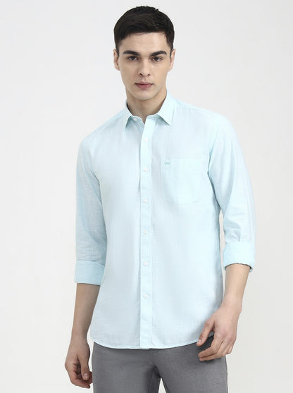 Green Striped Tailored Fit Semi Casual Shirt | JadeBlue