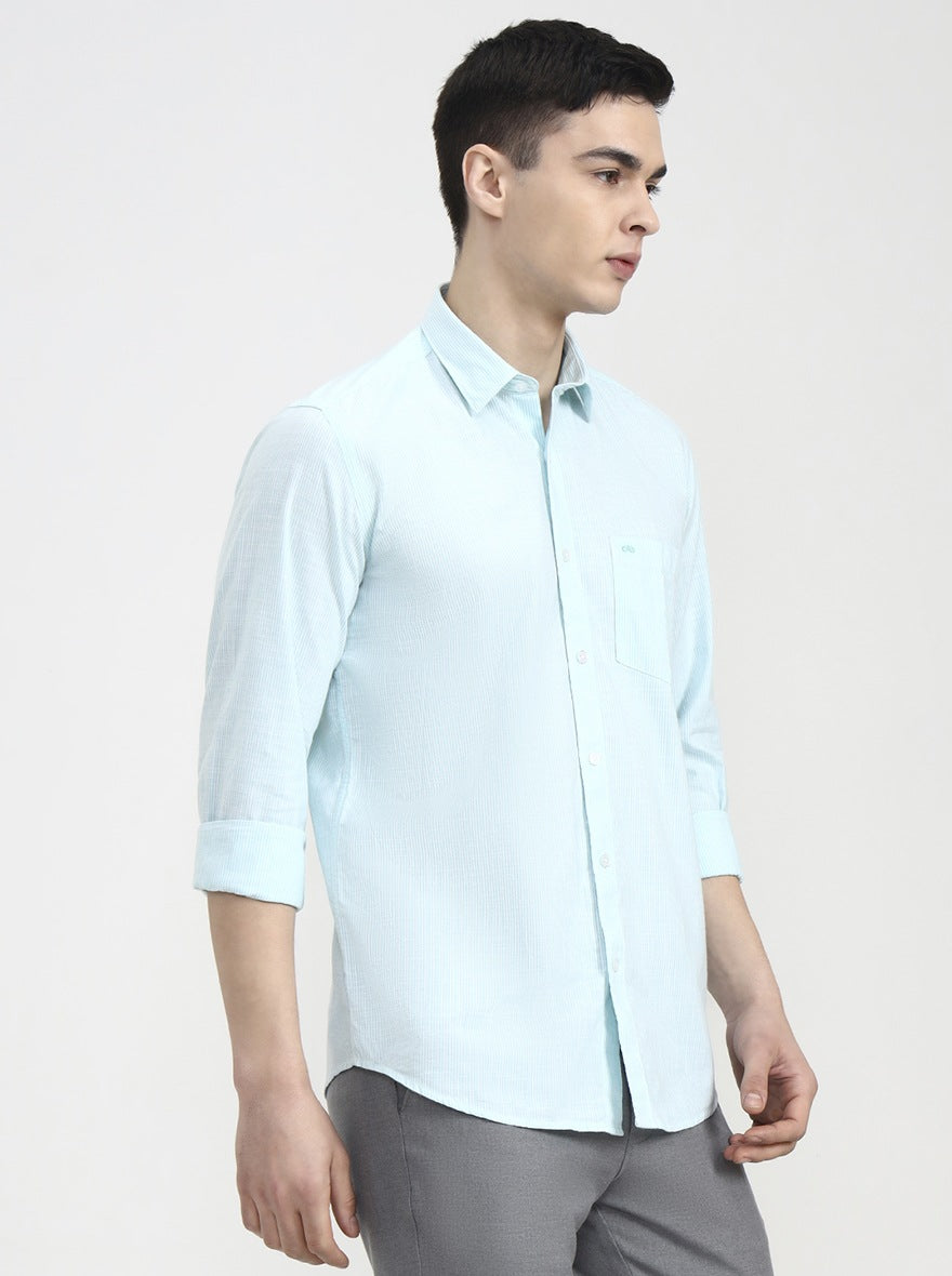 Green Striped Tailored Fit Semi Casual Shirt | JadeBlue