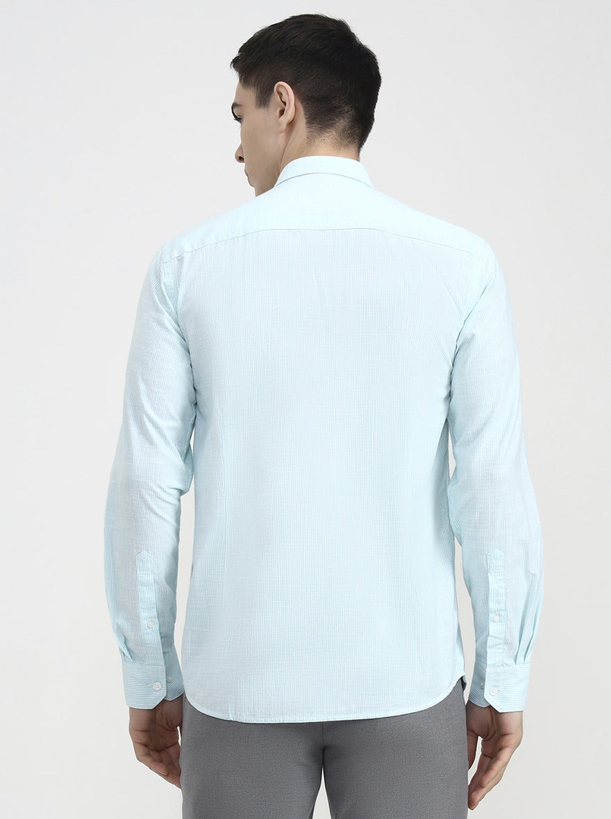 Green Striped Tailored Fit Semi Casual Shirt | JadeBlue