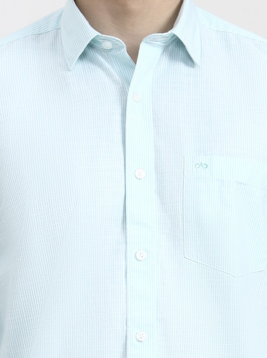 Green Striped Tailored Fit Semi Casual Shirt | JadeBlue
