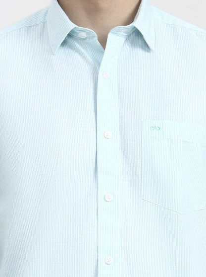 Green Striped Tailored Fit Semi Casual Shirt | JadeBlue
