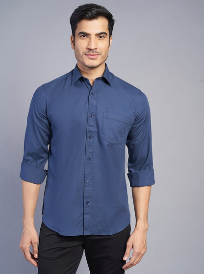 Navy Blue Solid Slim Fit Semi Casual Shirt | JadeBlue