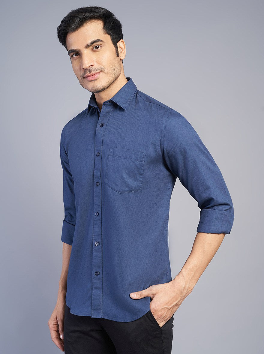 Navy Blue Solid Slim Fit Semi Casual Shirt | JadeBlue