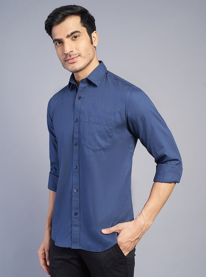 Navy Blue Solid Slim Fit Semi Casual Shirt | JadeBlue