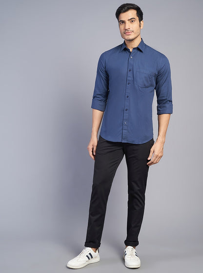 Navy Blue Solid Slim Fit Semi Casual Shirt | JadeBlue