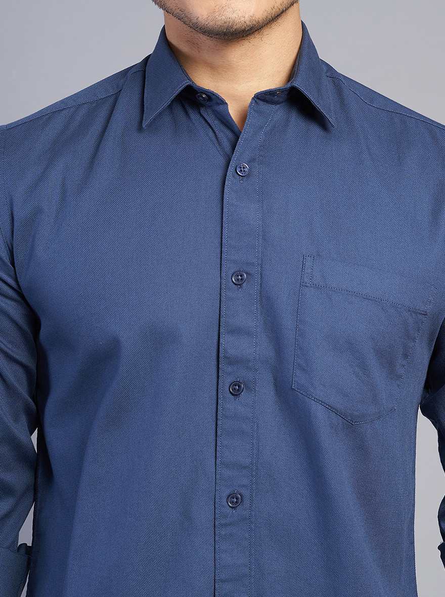Navy Blue Solid Slim Fit Semi Casual Shirt | JadeBlue