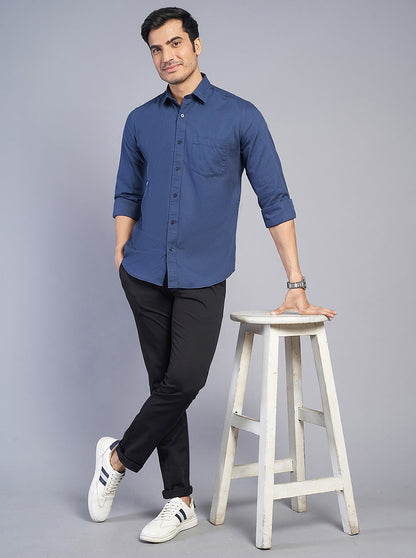 Navy Blue Solid Slim Fit Semi Casual Shirt | JadeBlue