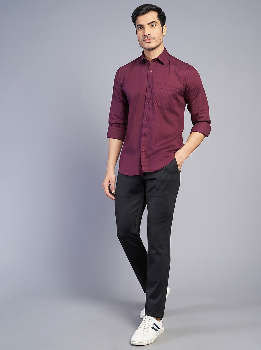 Wine Solid Slim Fit Semi Casual Shirt | JadeBlue