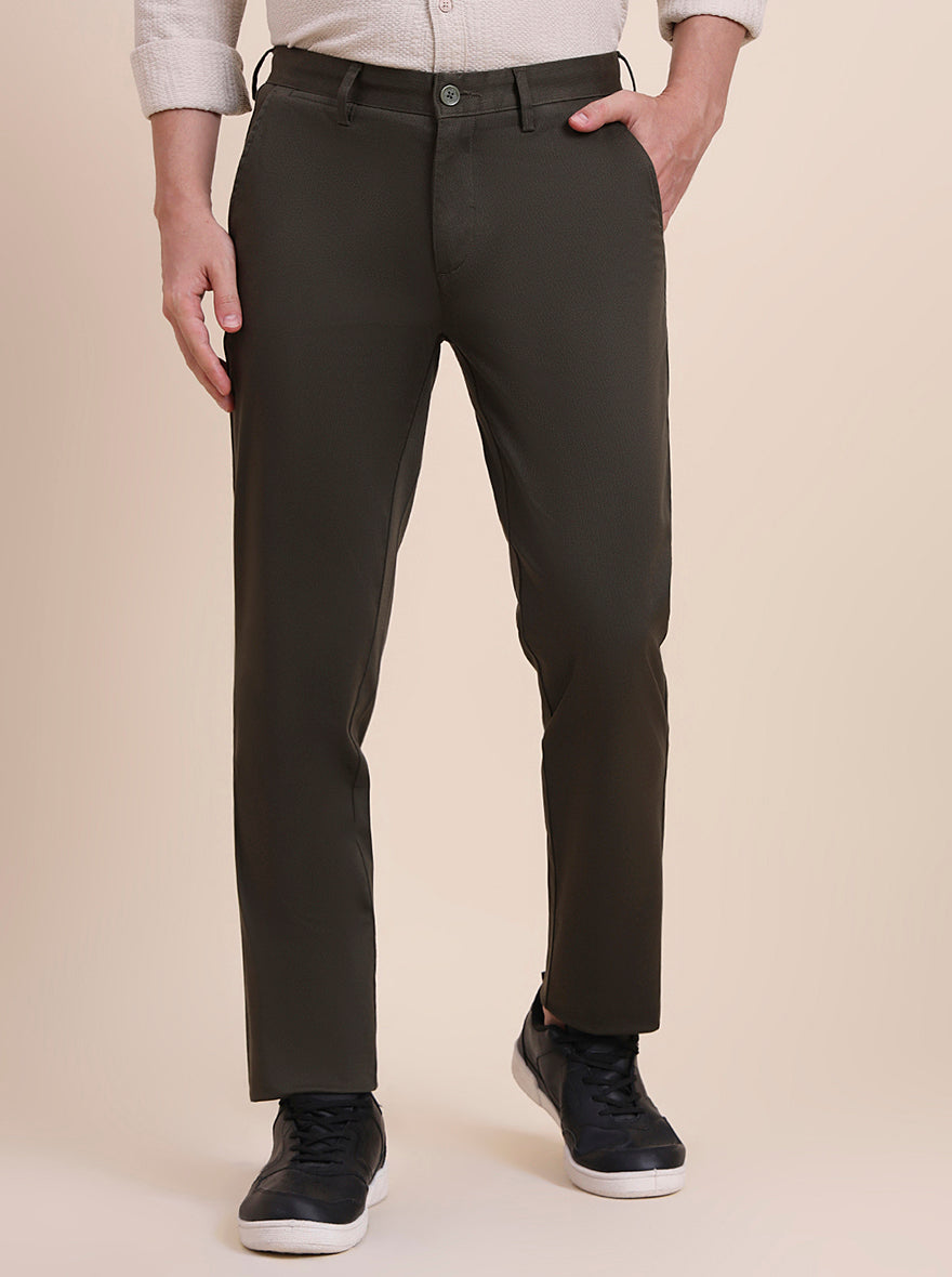 Olive Brown Printed Uno Fit Casual Trouser | JadeBlue