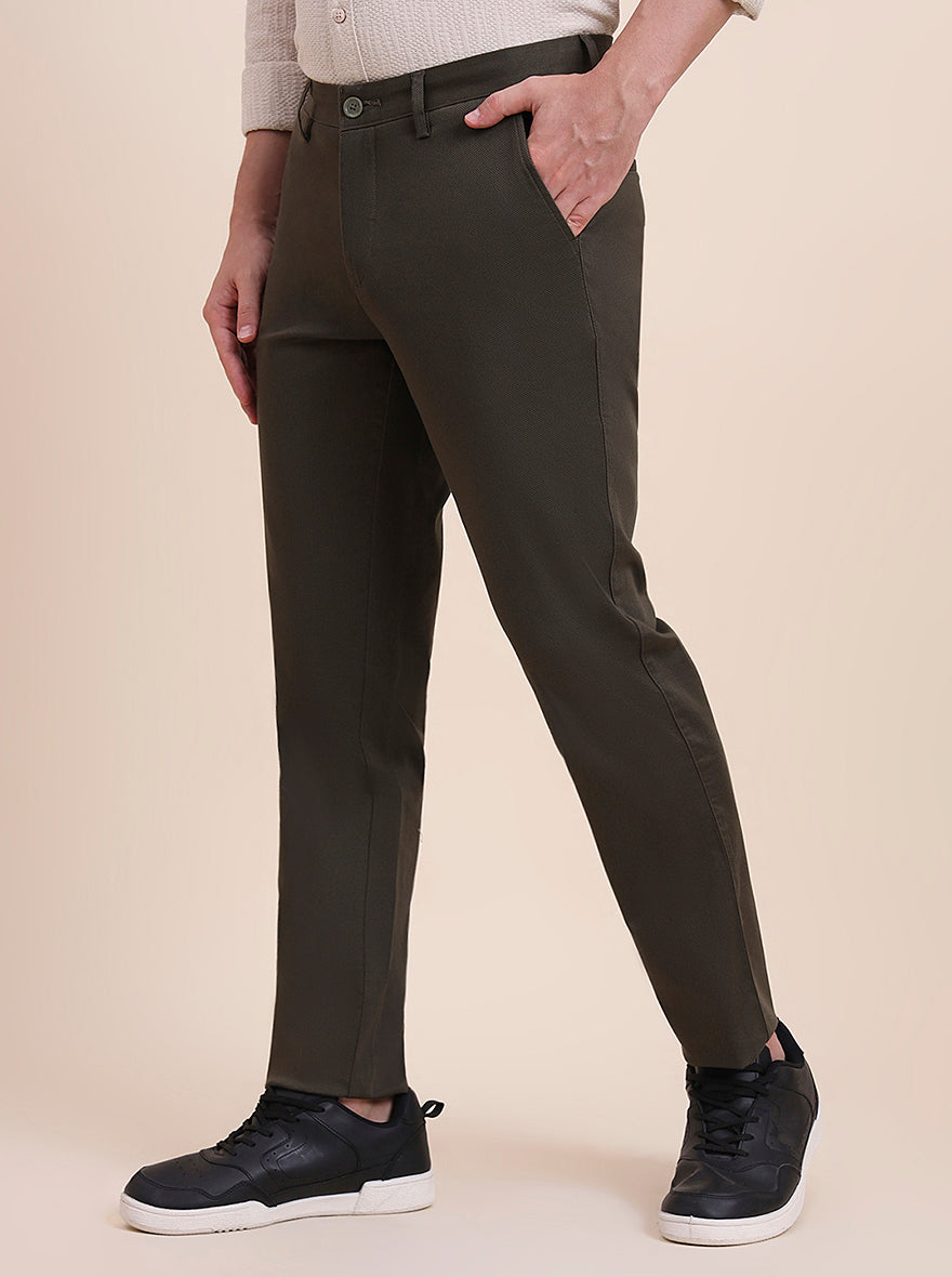 Olive Brown Printed Uno Fit Casual Trouser | JadeBlue