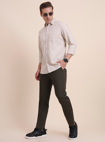 Olive Brown Printed Uno Fit Casual Trouser | JadeBlue
