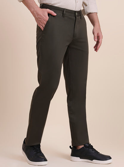Olive Brown Printed Uno Fit Casual Trouser | JadeBlue