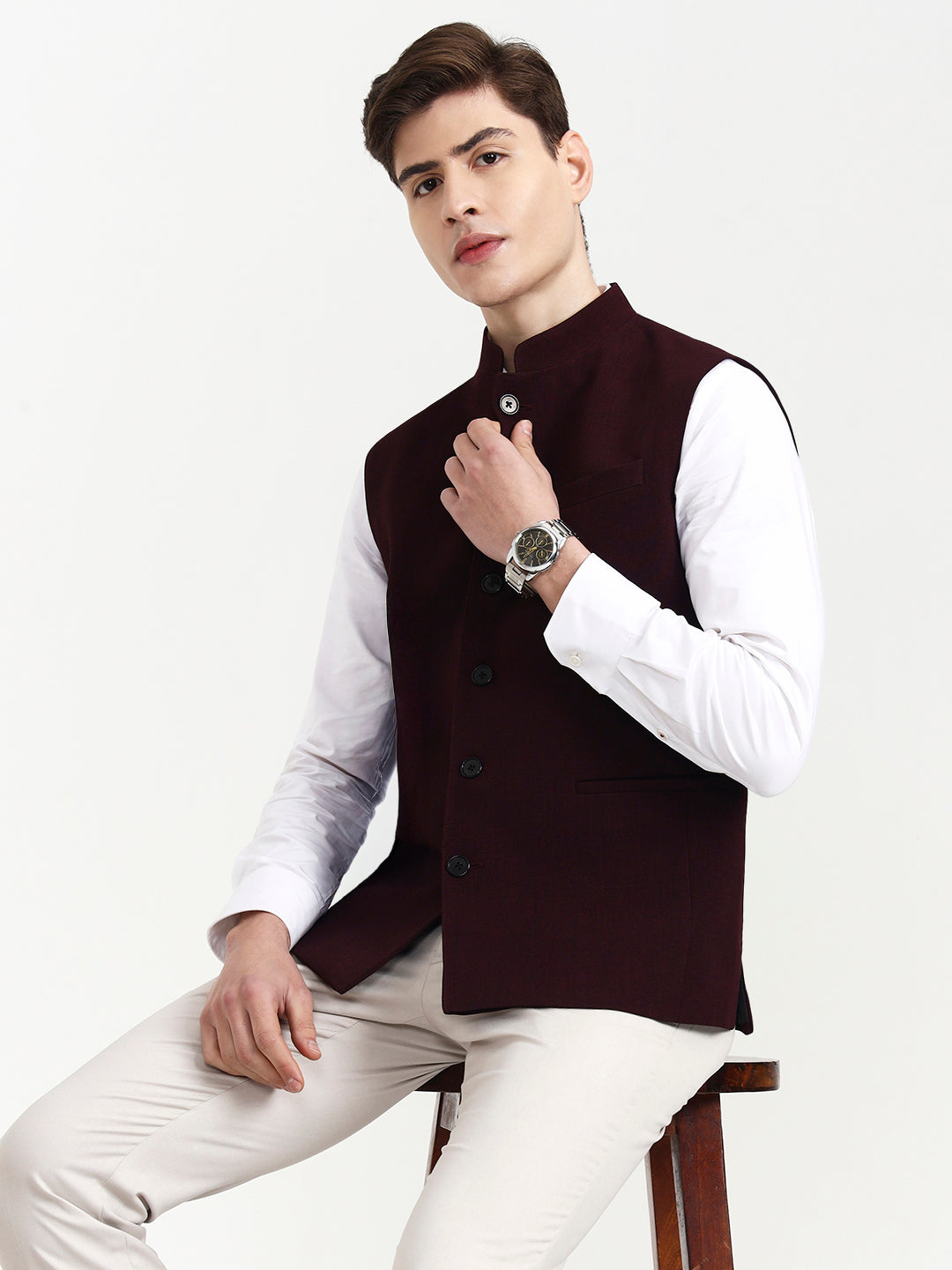 Maroon Solid Regular Fit Modi Jacket | JB X JB