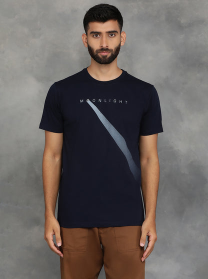 Navy Blue Printed Slim Fit T-Shirt | GreenFibre