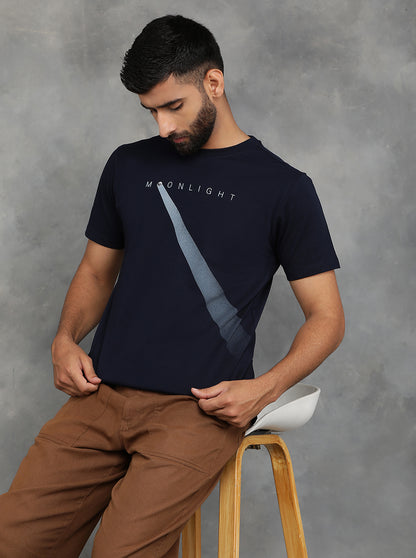 Navy Blue Printed Slim Fit T-Shirt | GreenFibre