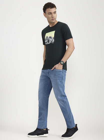 Bottle Green Printed Slim Fit T-Shirt | Greenfibre
