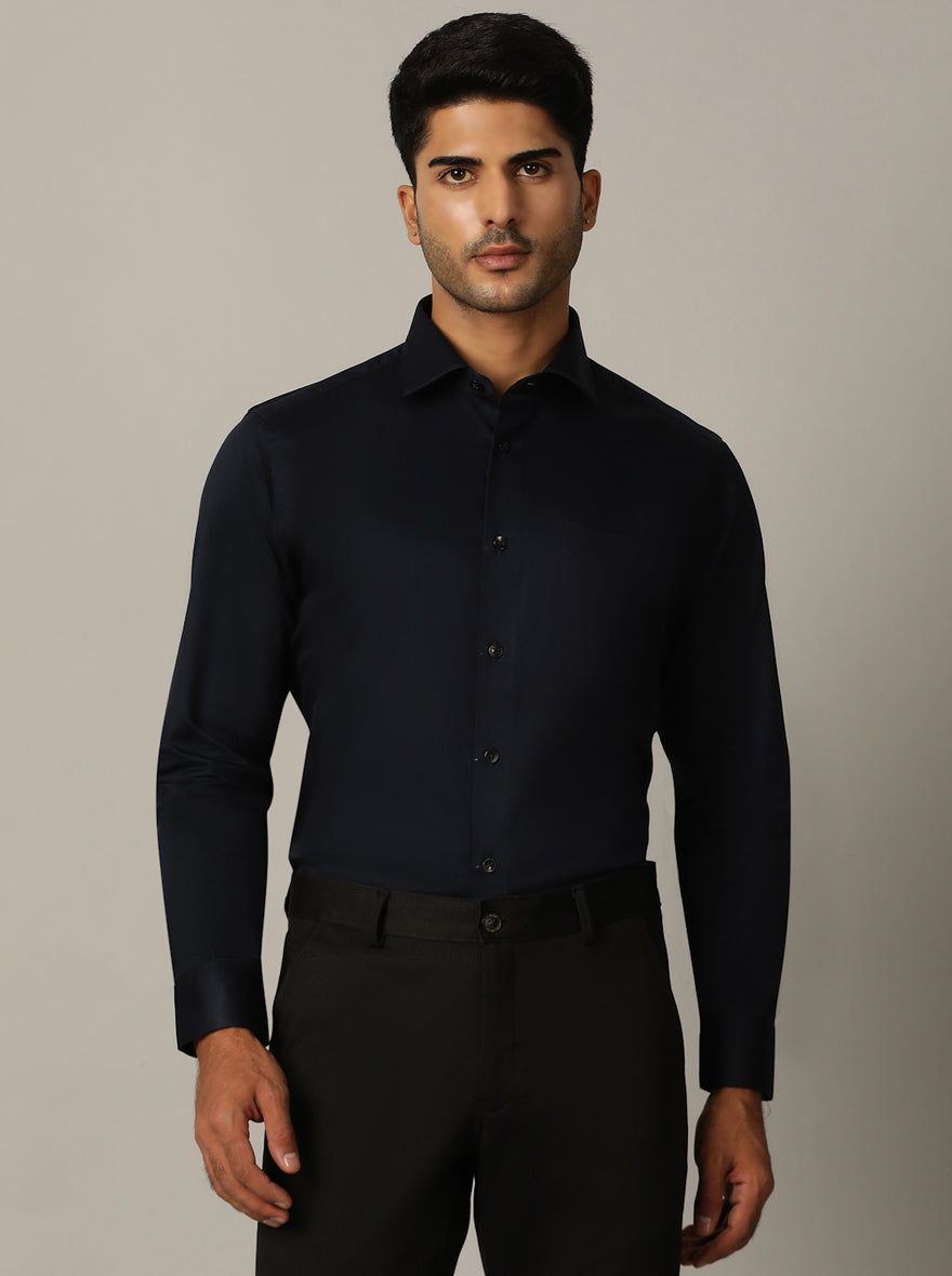 Navy Blue Solid Slim Fit Formal Shirt | Metal