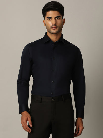 Navy Blue Solid Slim Fit Formal Shirt | Metal