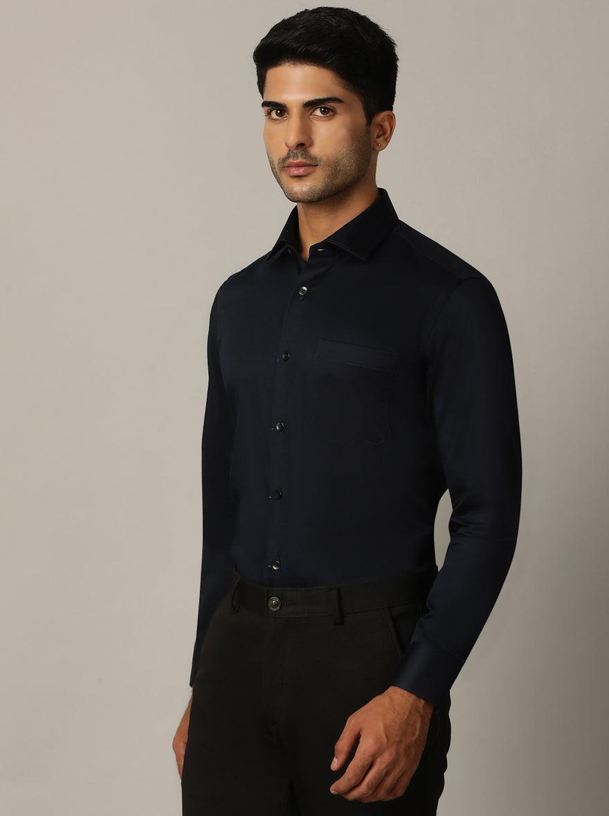 Navy Blue Solid Slim Fit Formal Shirt | Metal