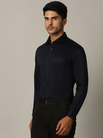 Navy Blue Solid Slim Fit Formal Shirt | Metal
