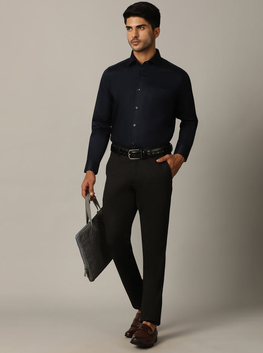 Navy Blue Solid Slim Fit Formal Shirt | Metal
