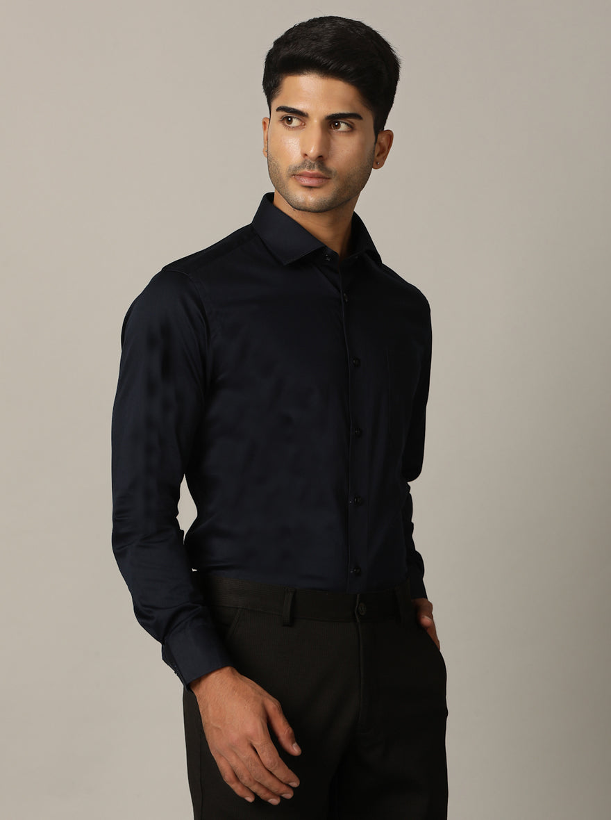Navy Blue Solid Slim Fit Formal Shirt | Metal