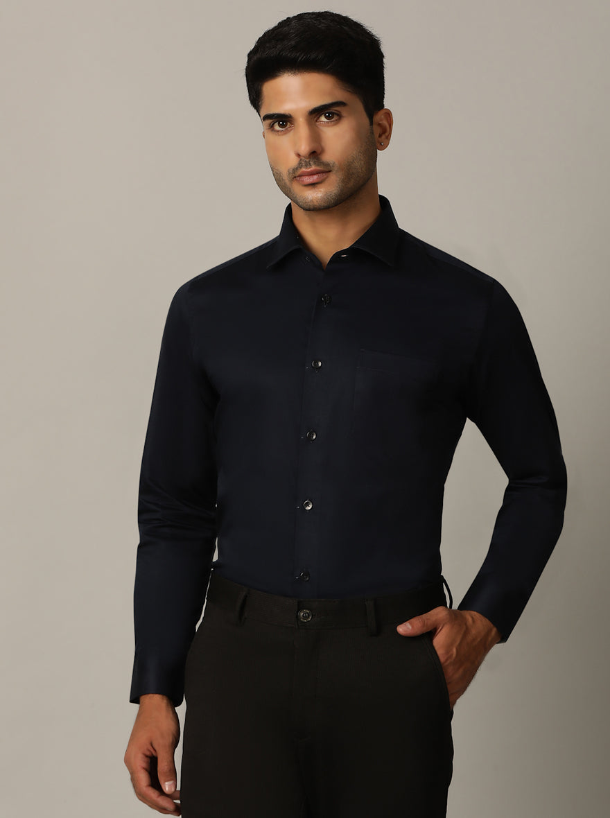 Navy Blue Solid Slim Fit Formal Shirt | Metal