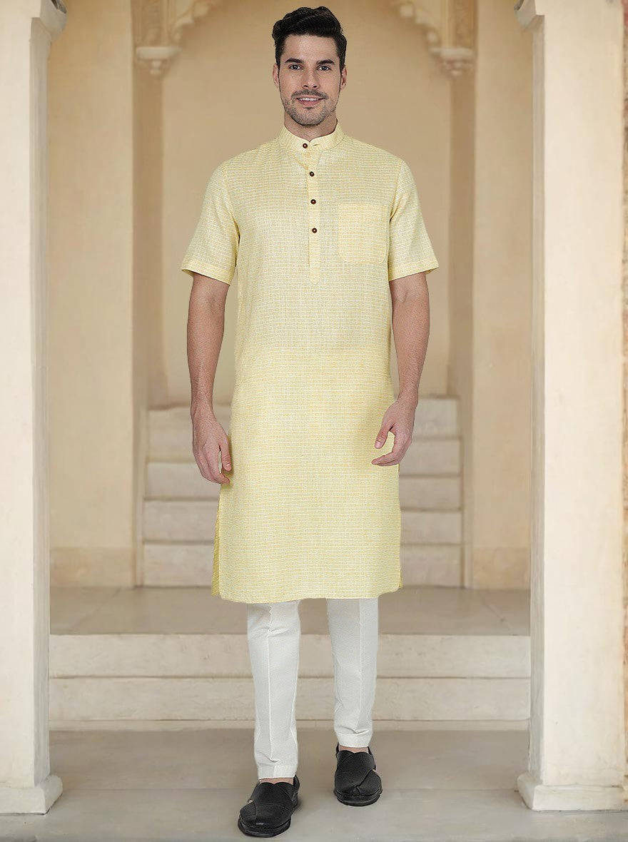 Yellow Striped Regular Fit Modi Kurta | JadeBlue