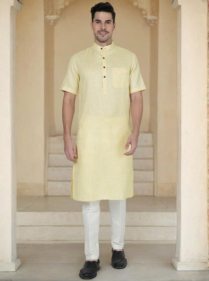 Yellow Striped Regular Fit Modi Kurta | JadeBlue